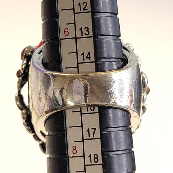 Vintage Red Floral Filigree Ring Silver Tone with Crystals - Picture 3 of 13